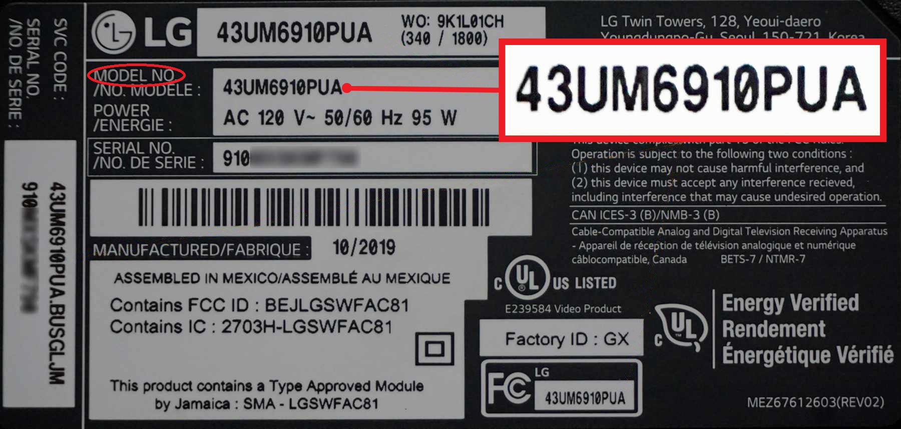 TV model number location on back of TV